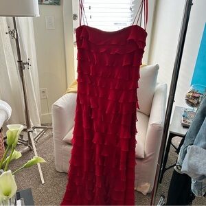 100% silk red ruffle gown